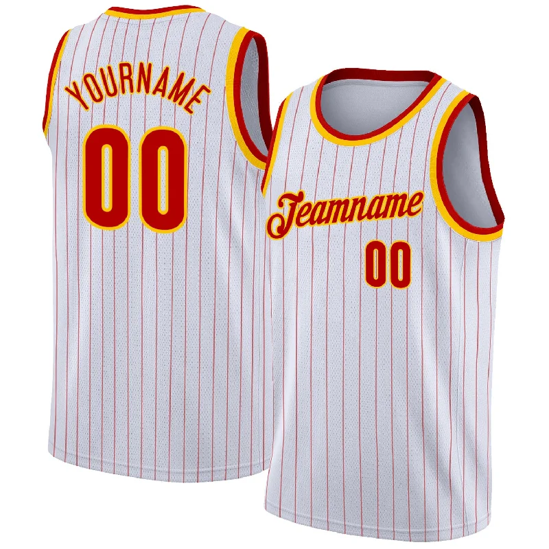 Basketball Jersey With Padded Shoulders-Custom White Red Pinstripe Red-Gold Authentic Basketball Jersey