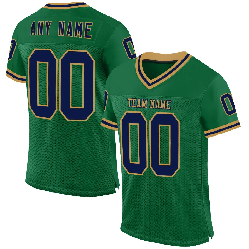 Football Jersey With Compression Layer-Custom Kelly Green Navy-Old Gold Mesh Authentic Throwback Football Jersey