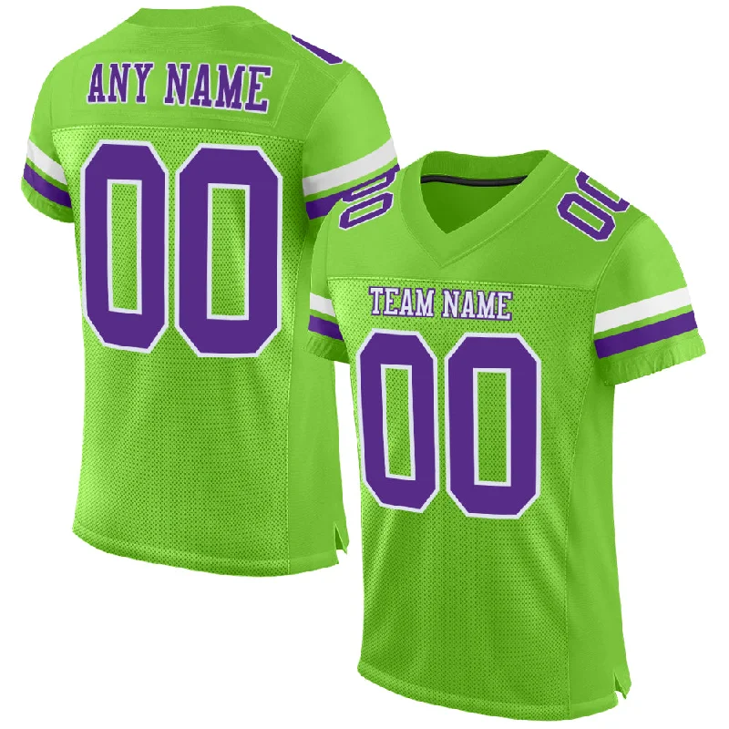 Football Jersey With Modern Athletic Cut-Custom Neon Green Purple-White Mesh Authentic Football Jersey