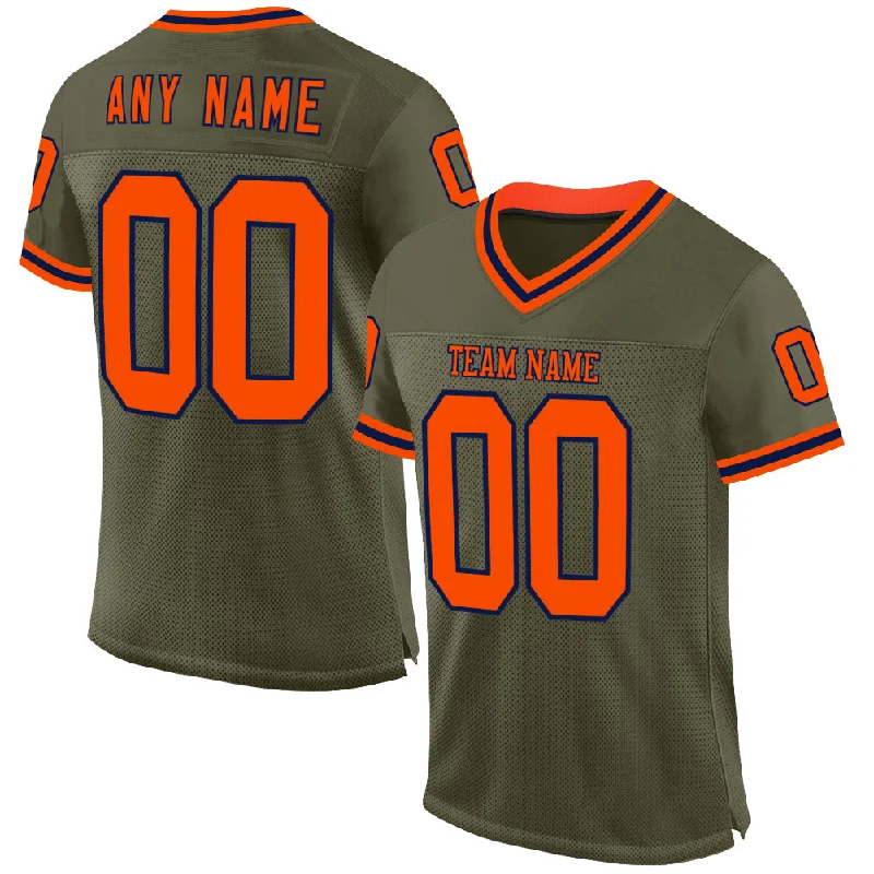 Football Jersey With Sweat Absorption Tech-Custom Olive Orange-Navy Mesh Authentic Throwback Salute To Service Football Jersey