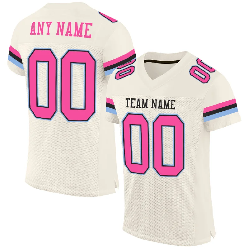 Football Jersey With Compression Fit-Custom Cream Pink Black-Light Blue Mesh Authentic Football Jersey