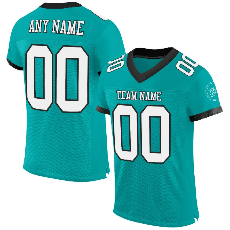 Football Jersey With Stripes-Custom Aqua White-Black Mesh Authentic Football Jersey