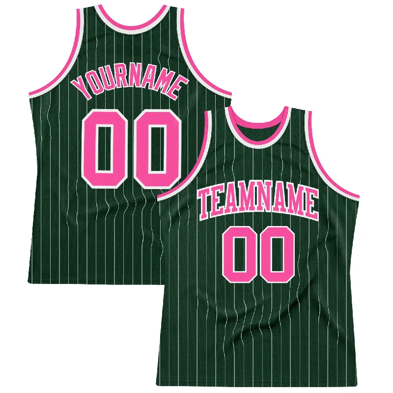 Basketball Jersey With Airflow Channels-Custom Hunter Green White Pinstripe Pink Authentic Basketball Jersey