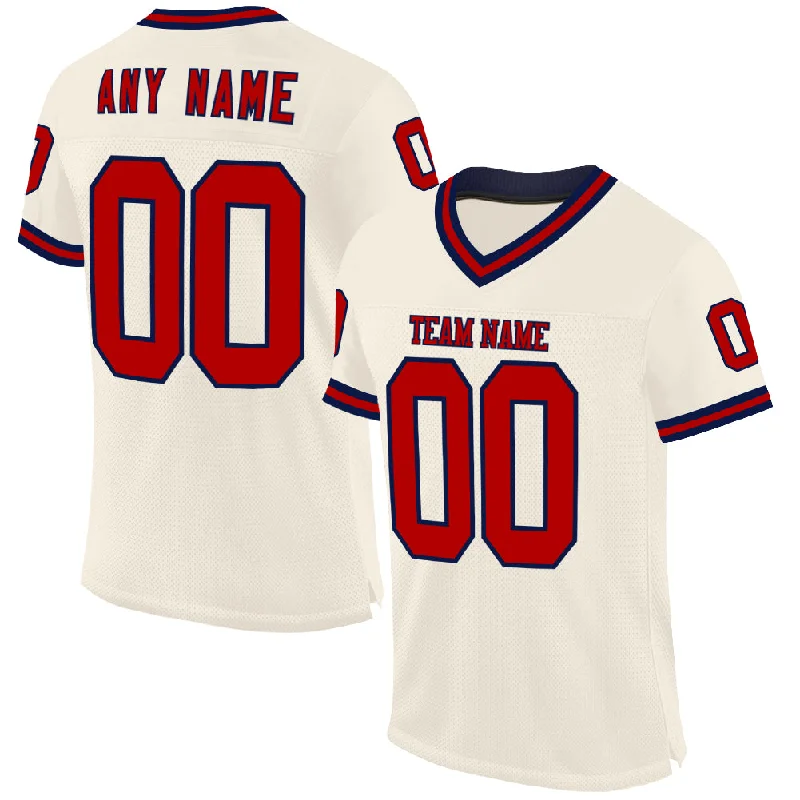 Football Jersey With Secure Zip Pocket-Custom Cream Red-Navy Mesh Authentic Throwback Football Jersey