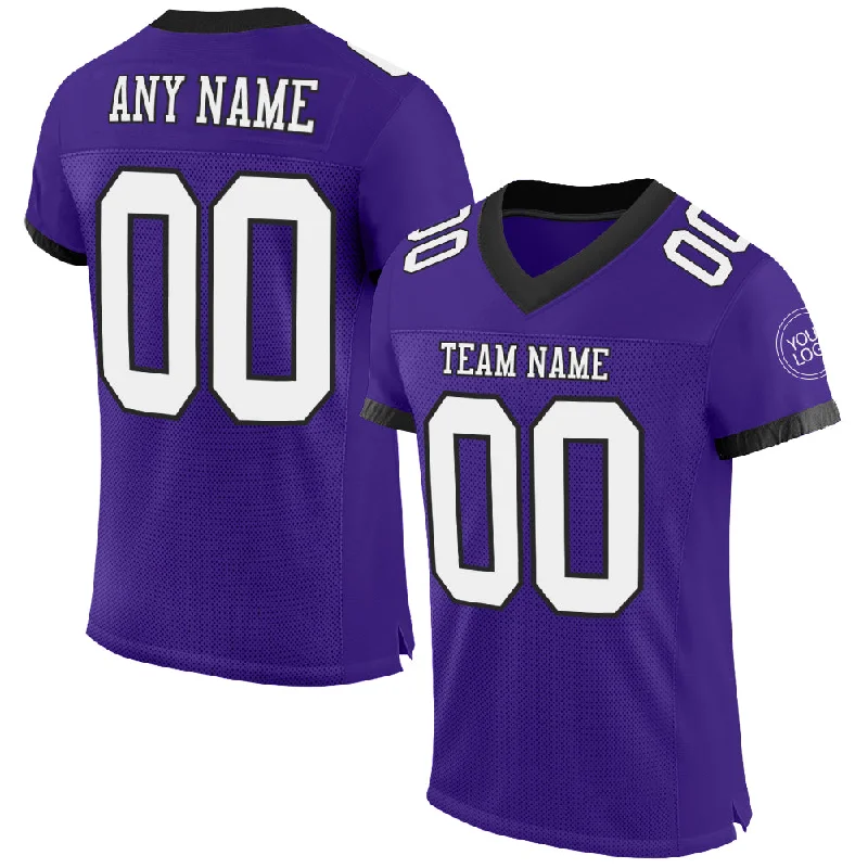 Football Jersey With V-Neck Collar-Custom Purple White-Black Mesh Authentic Football Jersey