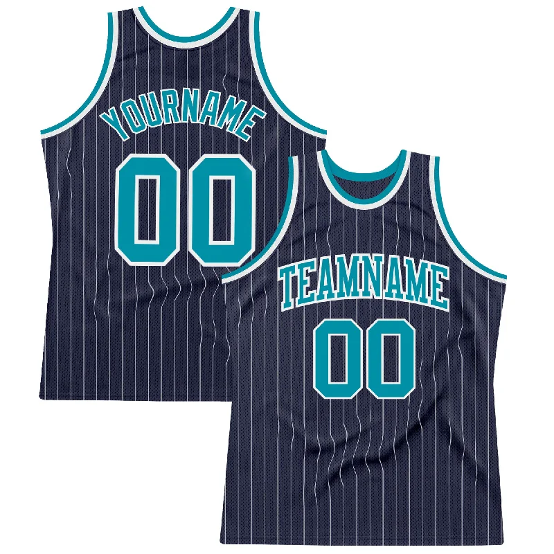 Basketball Jersey For Tall Players-Custom Navy White Pinstripe Teal Authentic Basketball Jersey