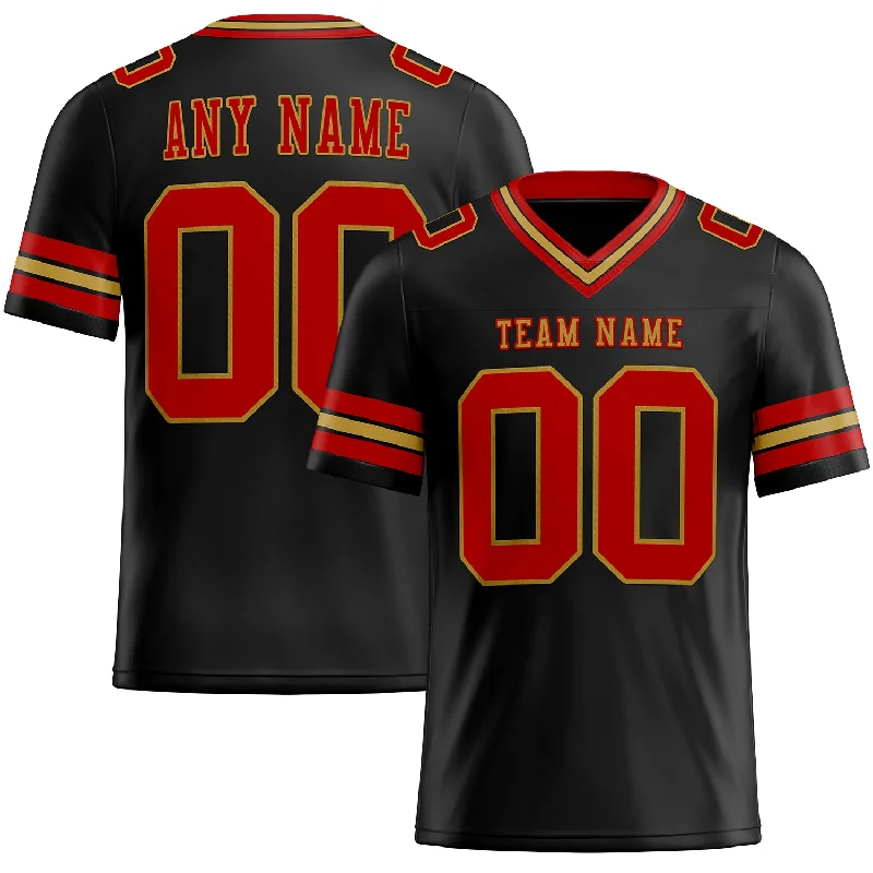 Football Jersey With Secure Zip Pocket-Custom Black Red-Old Gold Mesh Authentic Football Jersey