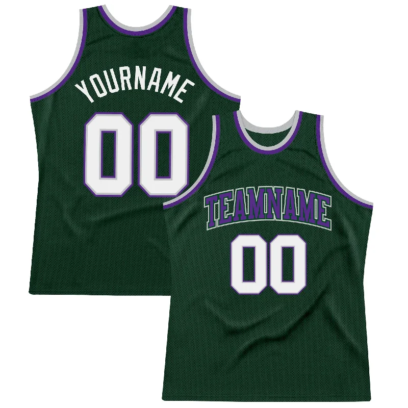 Basketball Jersey With Subtle Logos-Custom Hunter Green White Gray-Purple Authentic Throwback Basketball Jersey