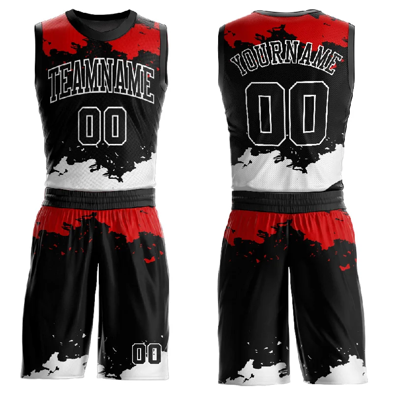 Basketball Jersey With Round Neck-Custom Black Red-White Round Neck Sublimation Basketball Suit Jersey