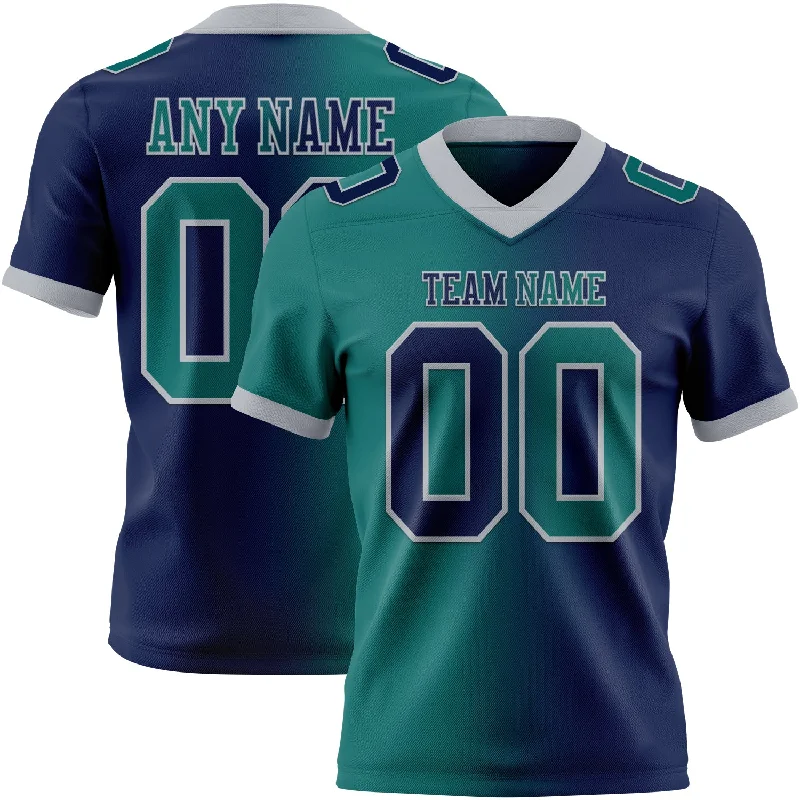 Football Jersey With Short Sleeves-Custom Navy Teal-Gray Mesh Authentic Gradient Fashion Football Jersey