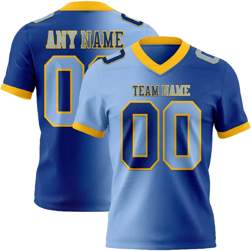 Football Jersey With Exclusive Branding-Custom Royal Light Blue-Gold Mesh Authentic Gradient Fashion Football Jersey