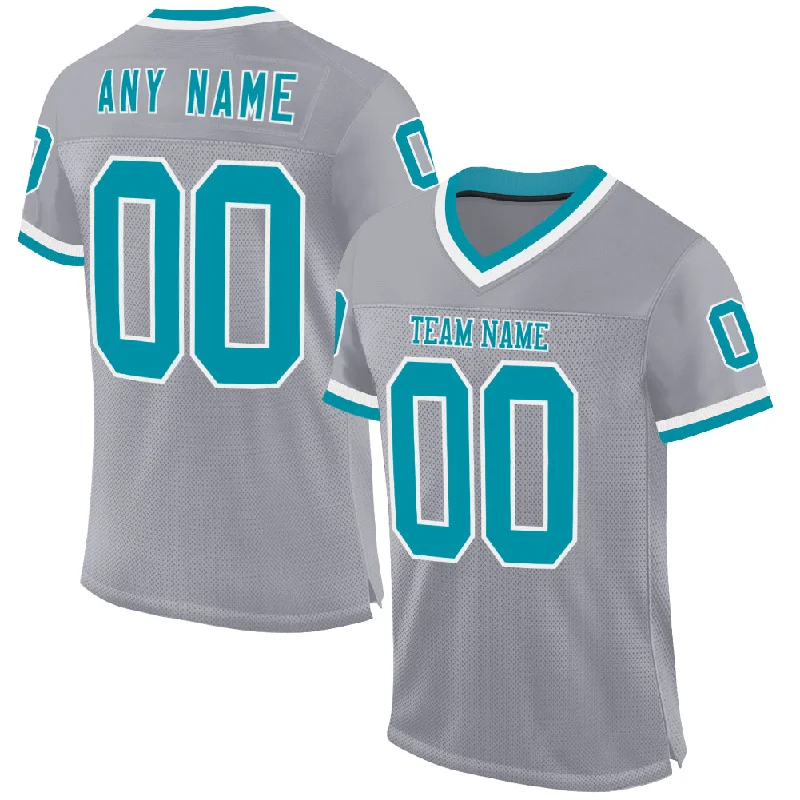 Football Jersey With Button-Up Style-Custom Gray Teal-White Mesh Authentic Throwback Football Jersey