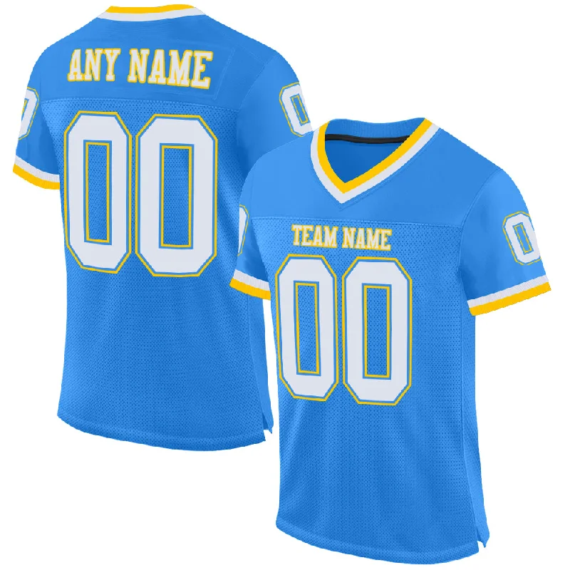 Football Jersey With Side Zippers-Custom Powder Blue White-Gold Mesh Authentic Throwback Football Jersey