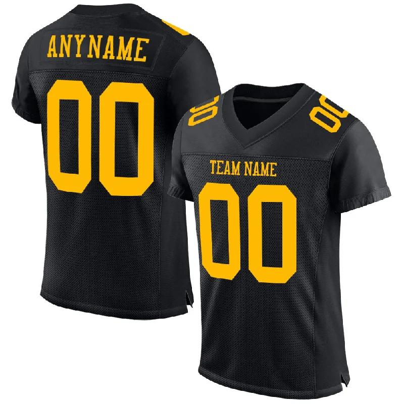 Football Jersey With Reinforced Neckline-Custom Black Gold Mesh Authentic Football Jersey