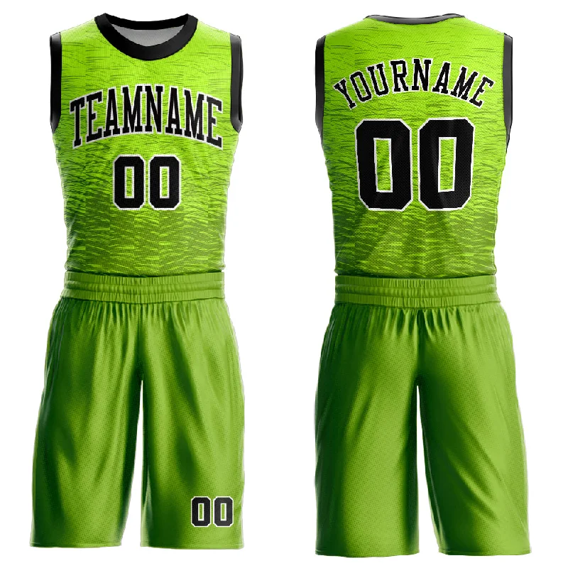 Basketball Jersey With Heat-Pressed Graphics-Custom Neon Green Black-White Round Neck Sublimation Basketball Suit Jersey