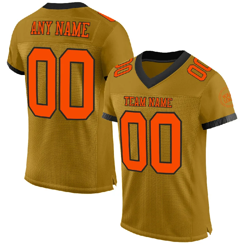 Football Jersey With Vintage Look-Custom Old Gold Orange-Black Mesh Authentic Football Jersey