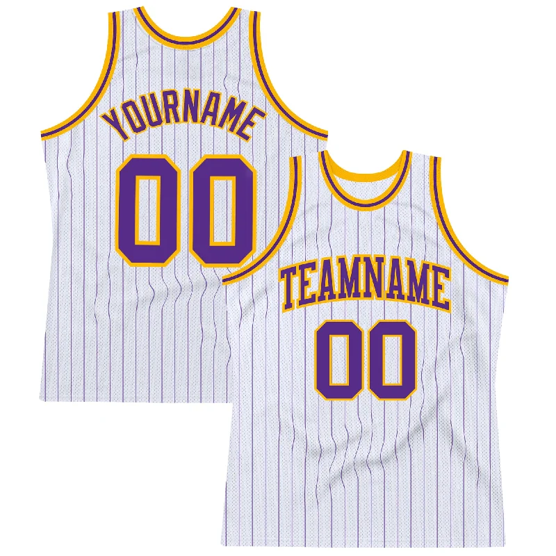 Basketball Jersey With Sleeveless Design-Custom White Purple Pinstripe Purple-Gold Authentic Basketball Jersey