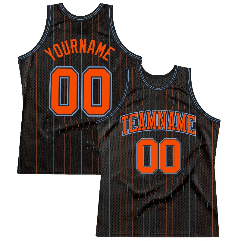 Basketball Jersey With Breathable Fabric-Custom Black Orange Pinstripe Orange-Light Blue Authentic Basketball Jersey