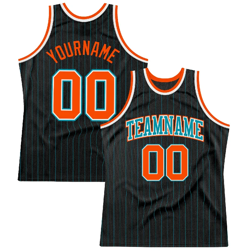 Basketball Jersey With V-Neck Collar-Custom Black Teal Pinstripe Orange-Teal Authentic Basketball Jersey