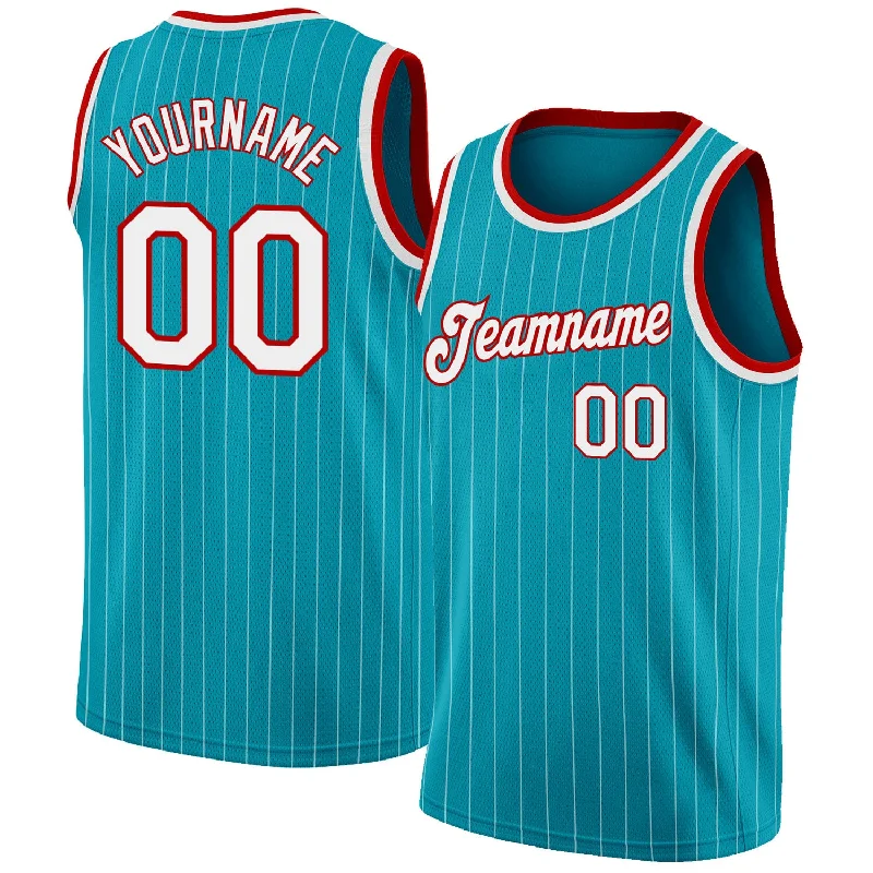 Basketball Jersey With Tribal Designs-Custom Teal White Pinstripe White-Red Authentic Basketball Jersey