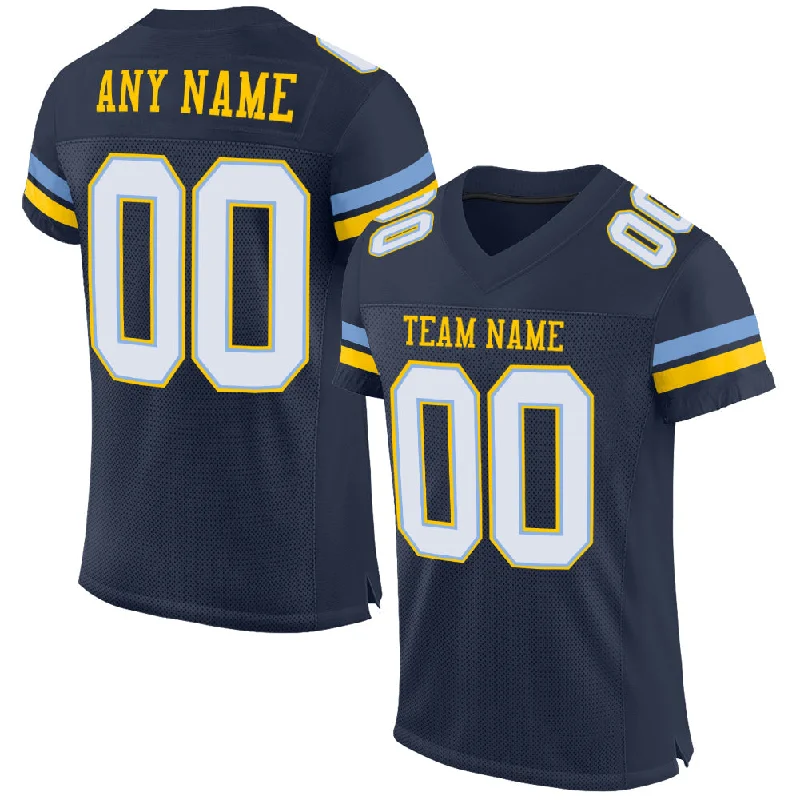 Football Jersey With Slim Fit-Custom Navy White Light Blue-Yellow Mesh Authentic Football Jersey