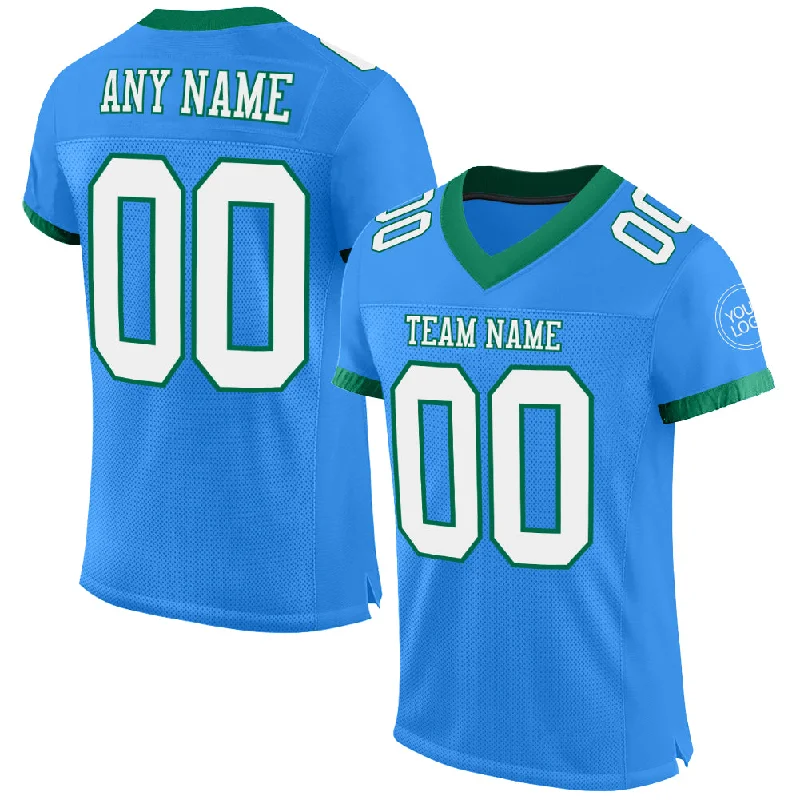 Football Jersey With Compression Fit-Custom Powder Blue White-Kelly Green Mesh Authentic Football Jersey