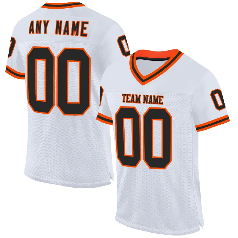 Football Jersey With Snap Button Closure-Custom White Black-Orange Mesh Authentic Throwback Football Jersey