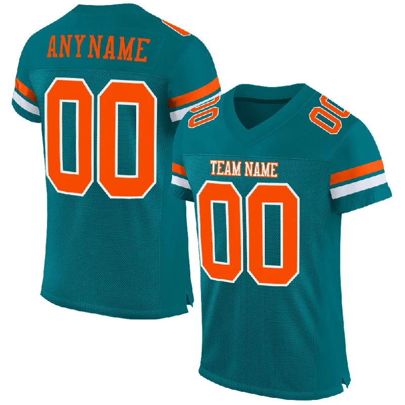 Football Jersey With Side Zippers-Custom Teal Orange-White Mesh Authentic Football Jersey