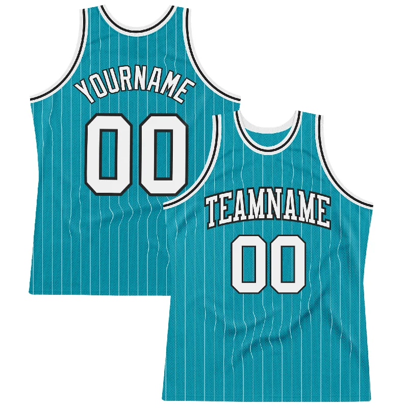 Basketball Jersey With Glow-In-The-Dark Print-Custom Teal White Pinstripe White-Black Authentic Basketball Jersey