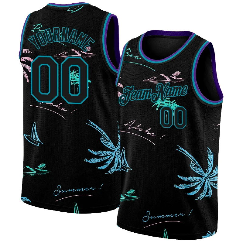 Basketball Jersey With Stripes-Custom Black Teal 3D Pattern Tropical Hawaii Palm Trees Authentic Basketball Jersey