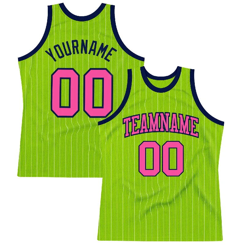 Basketball Jersey With Anime Graphics-Custom Neon Green White Pinstripe Pink-Navy Authentic Basketball Jersey