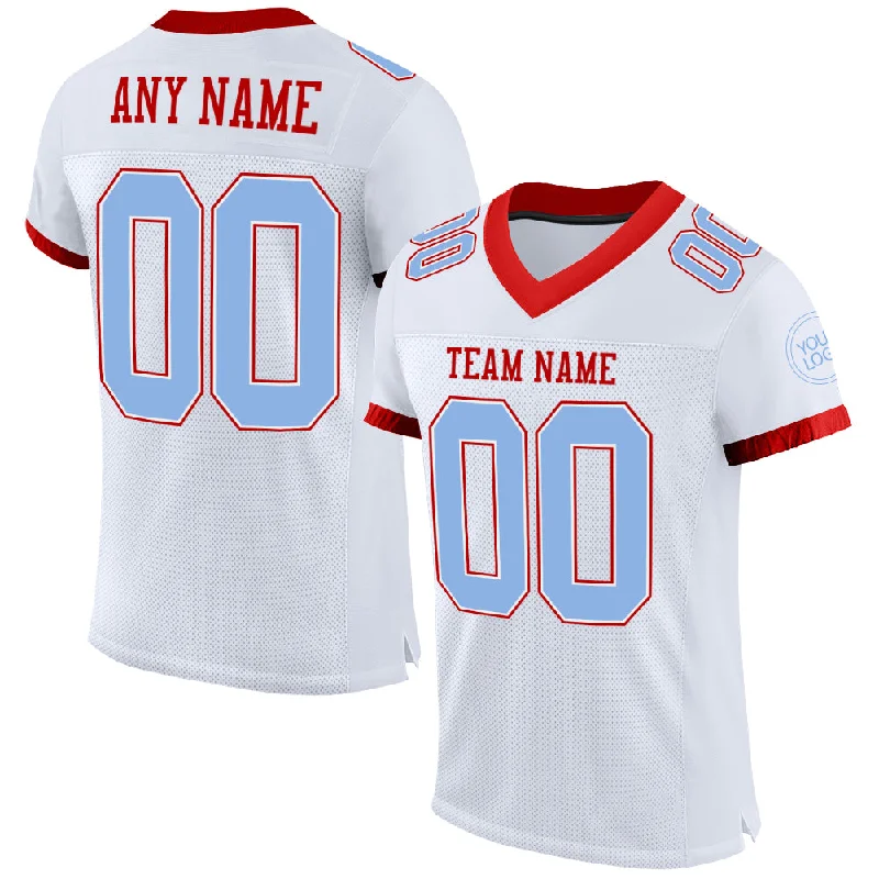 Football Jersey With Laser-Cut Perforations-Custom White Light Blue-Red Mesh Authentic Football Jersey