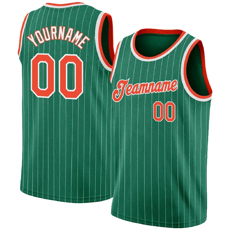 Basketball Jersey For Youth-Custom Kelly Green White Pinstripe Orange-White Authentic Basketball Jersey