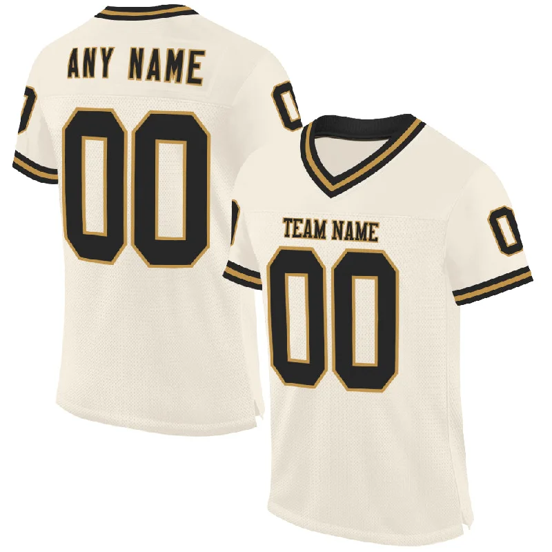 Football Jersey With Reflective Details-Custom Cream Black-Old Gold Mesh Authentic Throwback Football Jersey