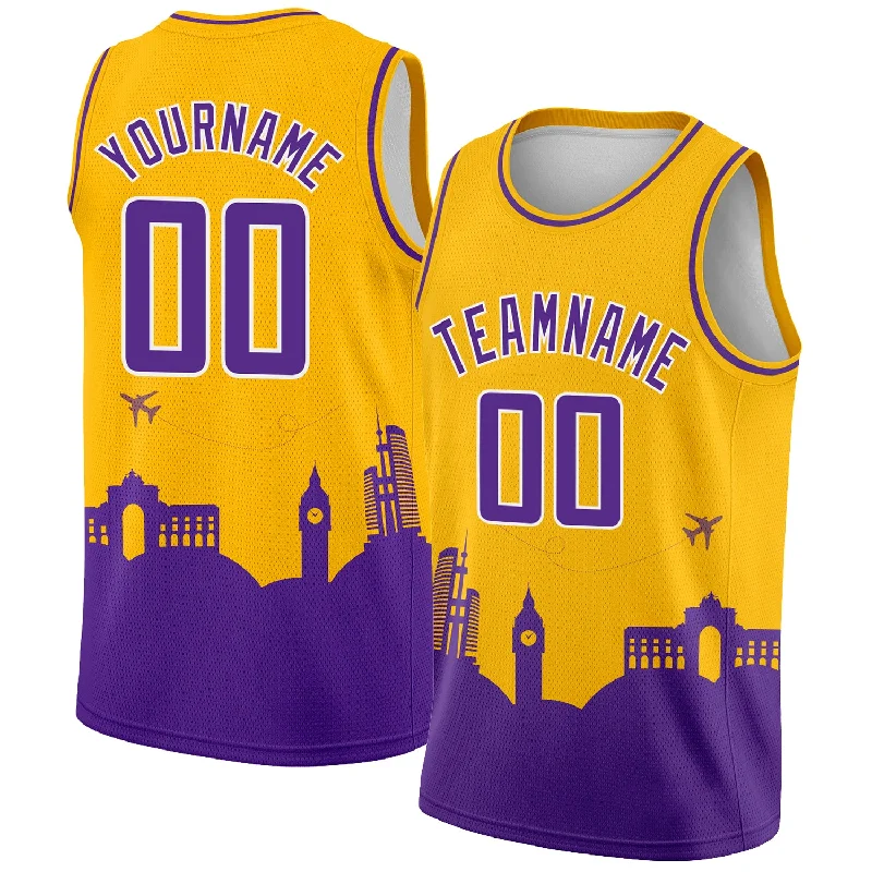 Basketball Jersey With Zip Closure-Custom Gold Purple-White Holiday Travel Monuments Silhouette Authentic City Edition Basketball Jersey