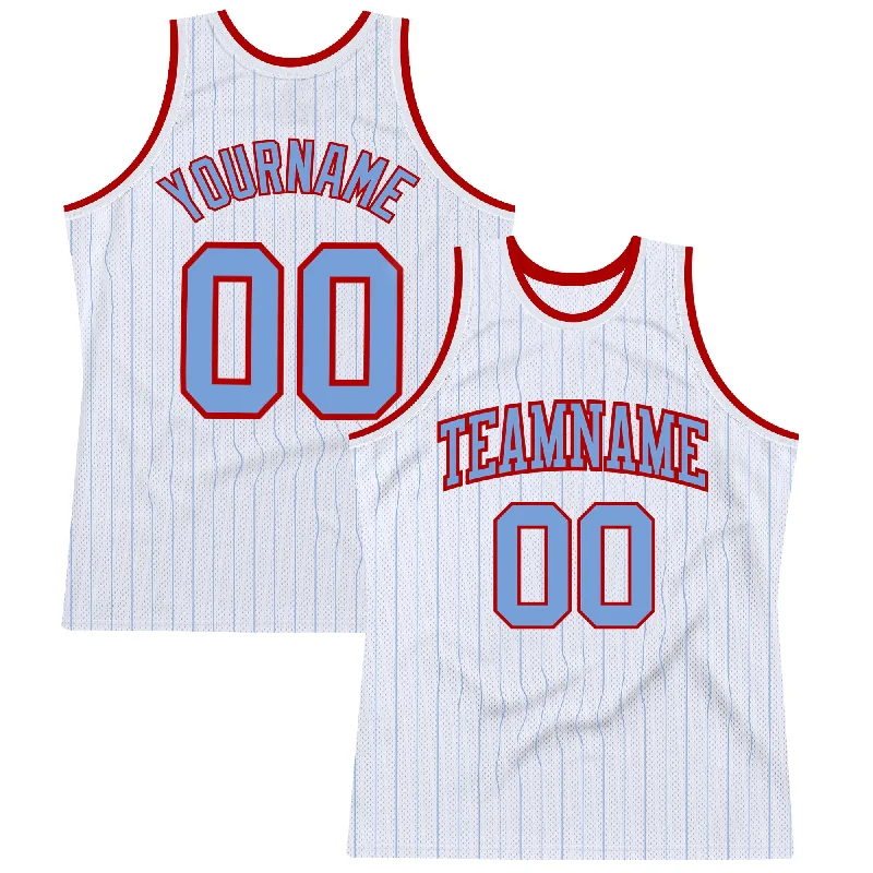 Basketball Jersey With Matching Shorts-Custom White Light Blue Pinstripe Light Blue-Red Authentic Basketball Jersey