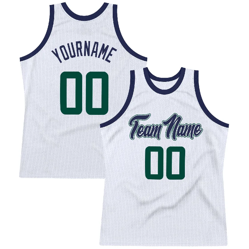 Basketball Jersey With Custom Artwork-Custom White Hunter Green-Navy Authentic Throwback Basketball Jersey