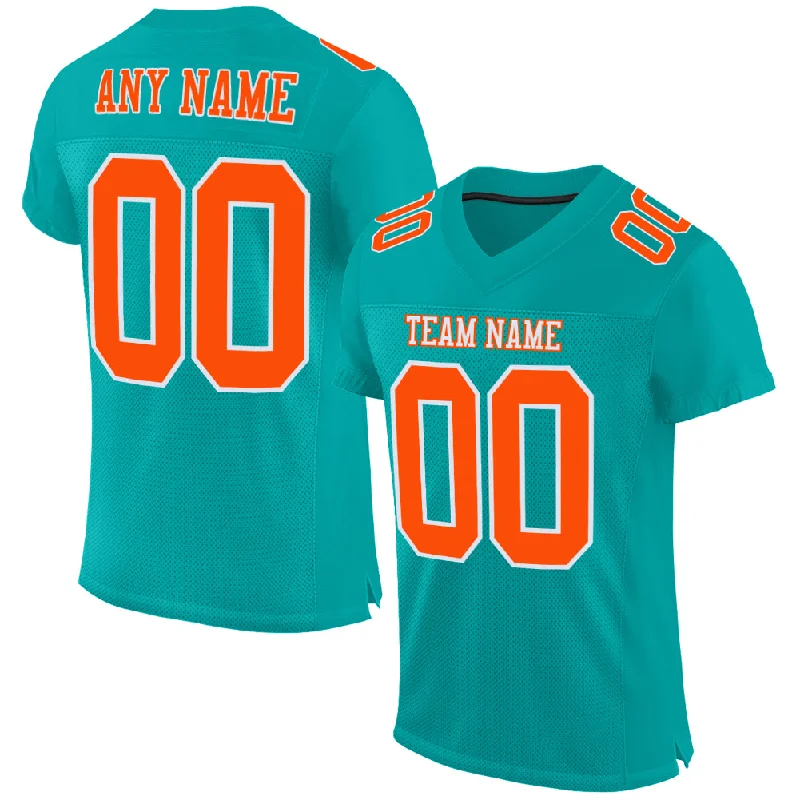 Football Jersey With Ergonomic Fit-Custom Aqua Orange-White Mesh Authentic Football Jersey