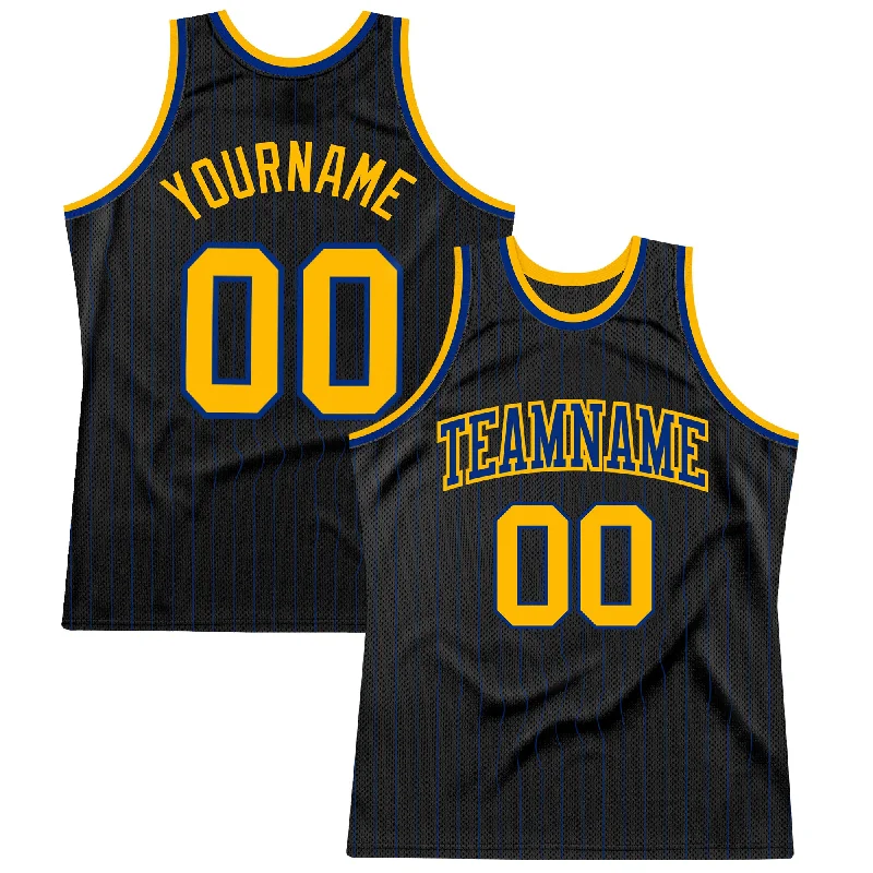 Basketball Jersey With UV Protection-Custom Black Royal Pinstripe Gold-Royal Authentic Basketball Jersey