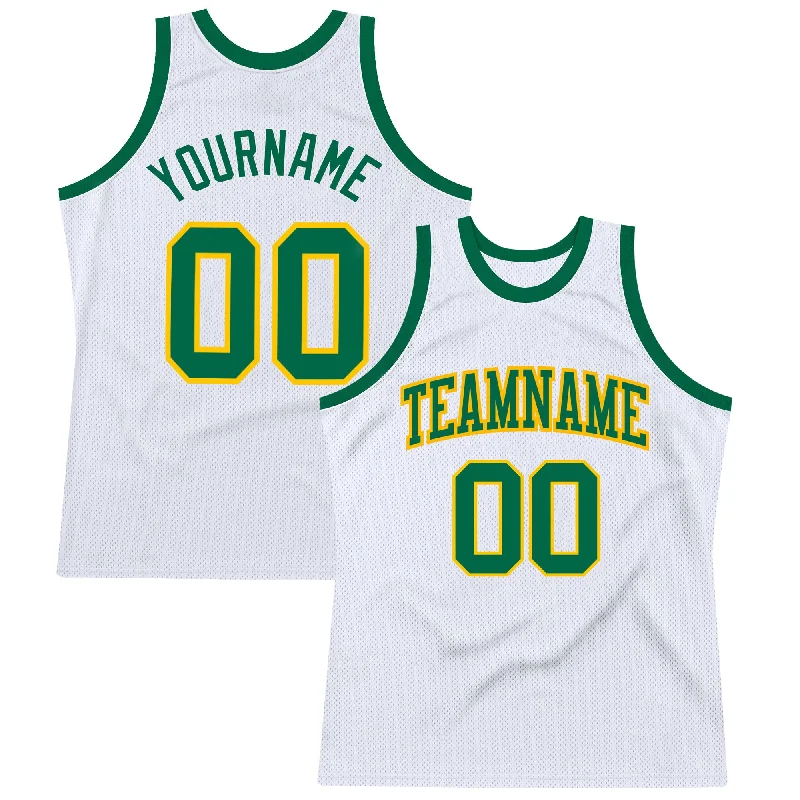 Basketball Jersey With Designer Collaboration-Custom White Kelly Green-Gold Authentic Throwback Basketball Jersey