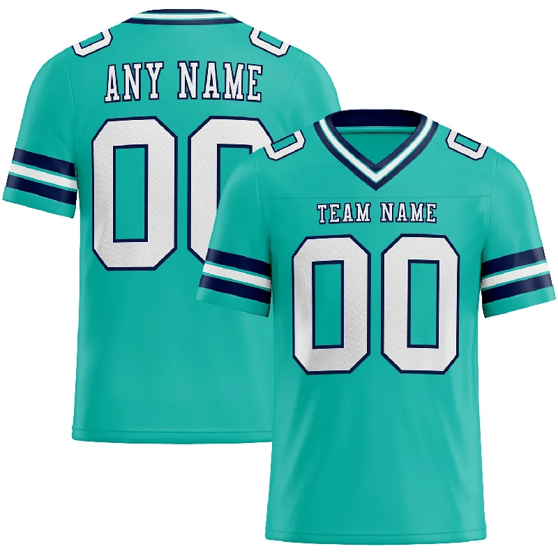 Football Jersey With 3D Embroidery-Custom Aqua White-Navy Mesh Authentic Football Jersey