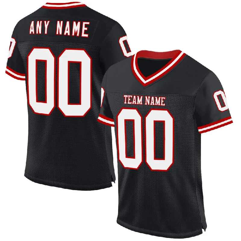 Football Jersey With Metallic Numbers-Custom Black White-Red Mesh Authentic Throwback Football Jersey