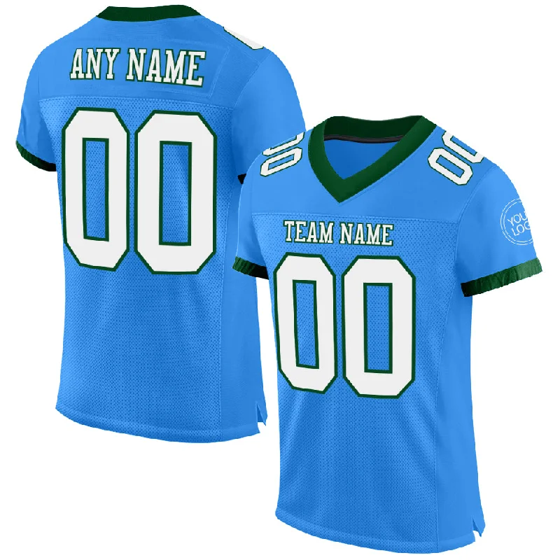 Football Jersey With Sweat-Wicking Tech-Custom Powder Blue White-Green Mesh Authentic Football Jersey