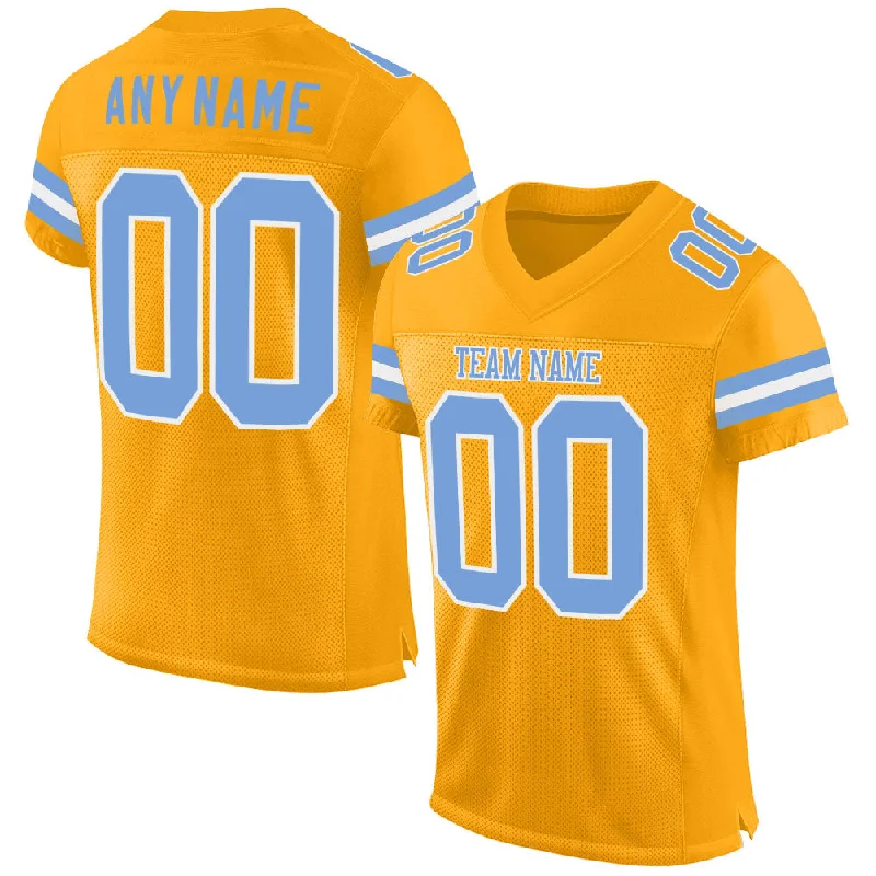 Football Jersey With Airflow Channels-Custom Gold Light Blue-White Mesh Authentic Football Jersey