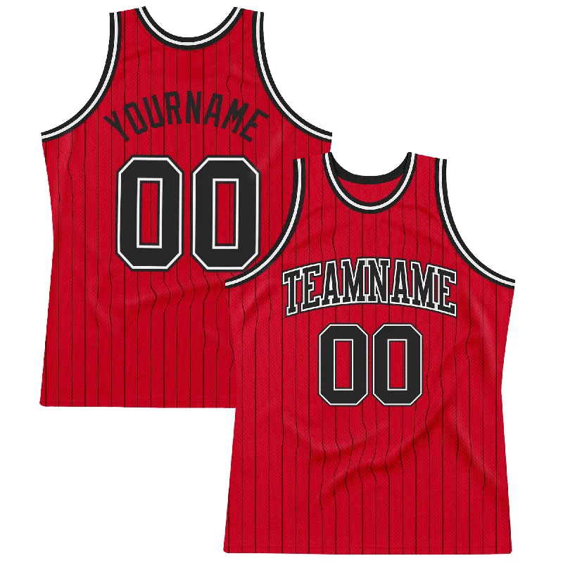 Basketball Jersey With Exclusive Branding-Custom Red Black Pinstripe Black-White Authentic Basketball Jersey