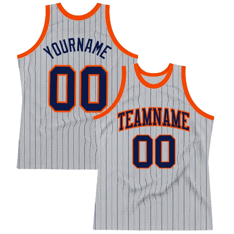 Basketball Jersey With Limited Edition Design-Custom Gray Navy Pinstripe Navy-Orange Authentic Basketball Jersey