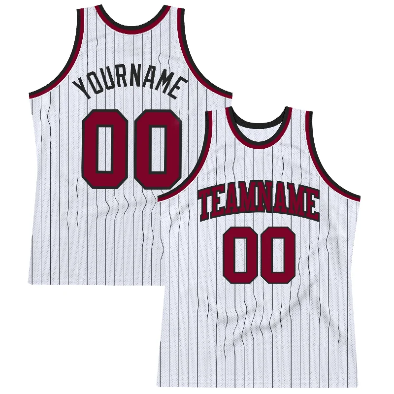 Basketball Jersey With Stitched Logos-Custom White Black Pinstripe Maroon Authentic Basketball Jersey