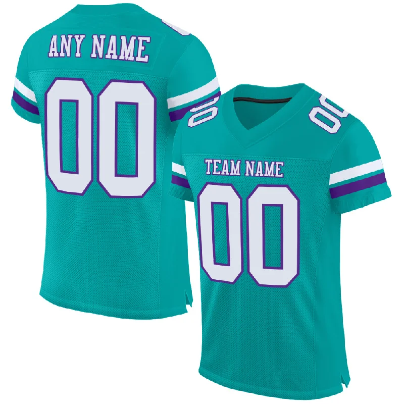 Football Jersey With Screen-Printed Graphics-Custom Aqua White-Purple Mesh Authentic Football Jersey