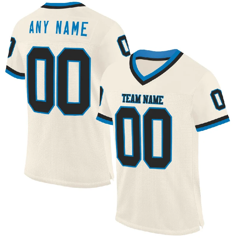 Football Jersey With Puffy Print-Custom Cream Black-Blue Mesh Authentic Throwback Football Jersey