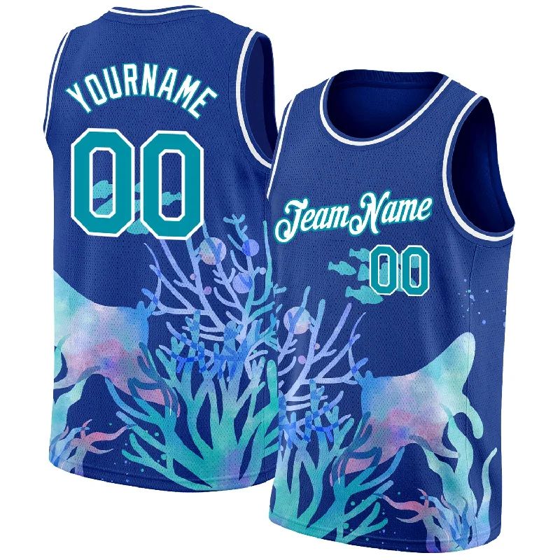 Basketball Jersey With Lightweight Material-Custom Royal Aqua-White 3D Pattern Design Ocean World Authentic Basketball Jersey